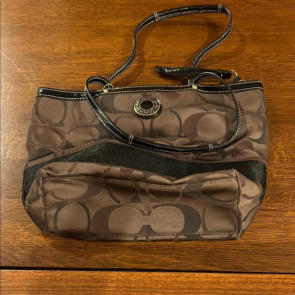 Coach Brown and Black Shoulder Bag with Signature Monogram